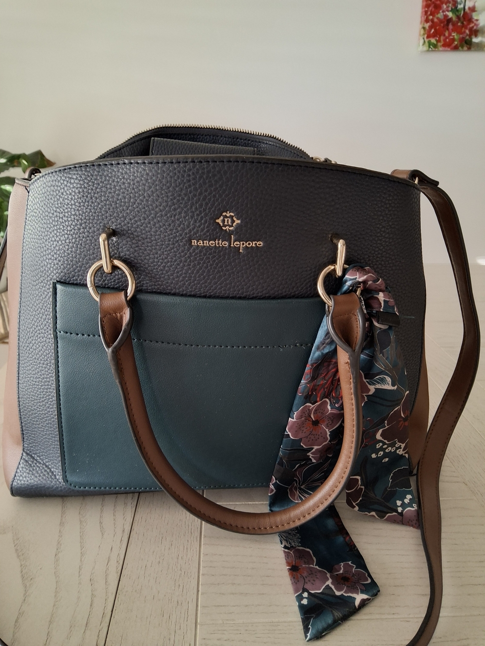 Nanette Lepore Teal and Brown Colorblock Satchel